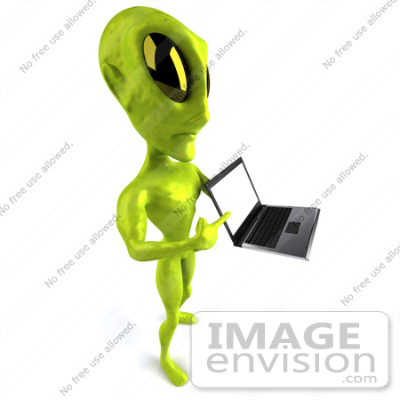 #43516 Royalty-Free (RF) Illustration of a 3d Green Alien Presenting A Laptop - Pose 5 by Julos