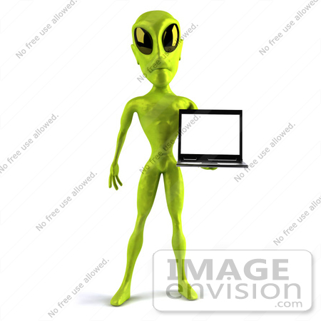 #43520 Royalty-Free (RF) Illustration of a 3d Green Alien Presenting A Laptop - Pose 1 by Julos