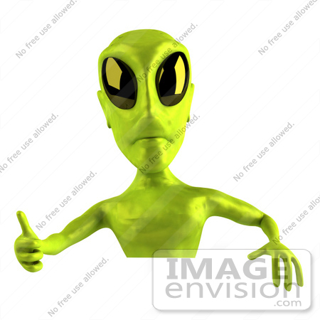 #43522 Royalty-Free (RF) Illustration of a 3d Green Alien Giving The Thumbs Up And Standing Behind A Blank Sign by Julos