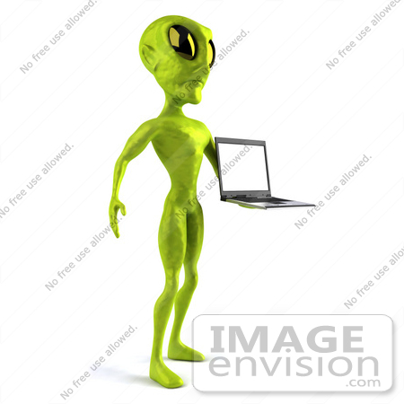 #43523 Royalty-Free (RF) Illustration of a 3d Green Alien Presenting A Laptop - Pose 3 by Julos