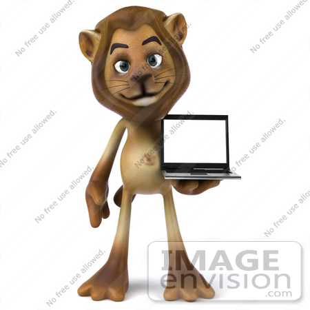 #43541 Royalty-Free (RF) Illustration of a 3d Lion Mascot Presenting A Laptop - Pose 1 by Julos