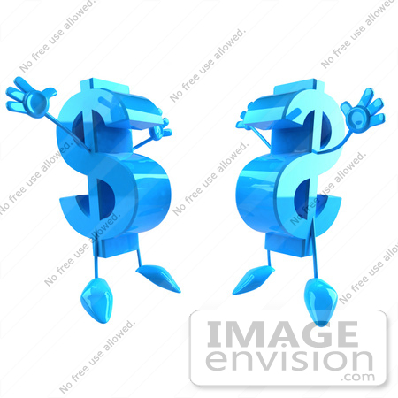 #43585 Royalty-Free (RF) Illustration of Two Blue Jumping 3d Dollar Symbols With Arms And Legs by Julos