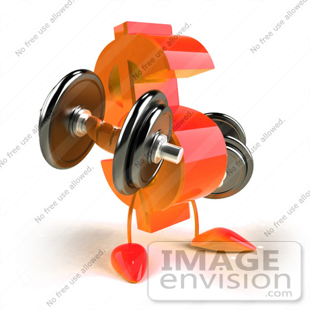 #43590 Royalty-Free (RF) Illustration of a 3d Orange Dollar Sign Mascot Lifting Weights by Julos