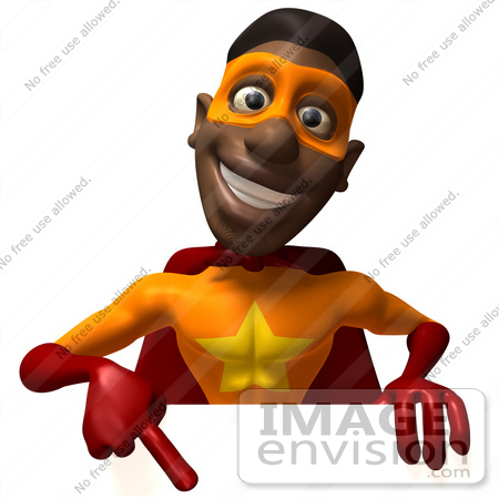 #43627 Royalty-Free (RF) Cartoon Illustration of a Black 3d Superhero Mascot Holding And Pointing Down To A Blank White Sign by Julos