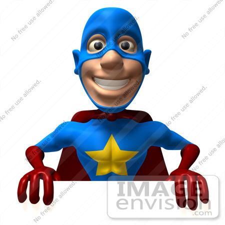 #43632 Royalty-Free (RF) Cartoon Illustration of a Friendly 3d Superhero Mascot Promoting And Holding Up A Blank White Board by Julos