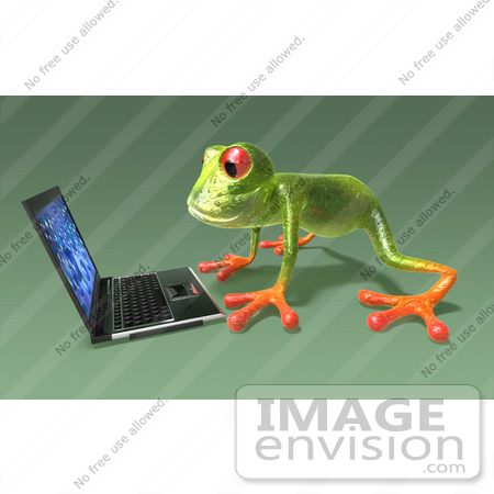 #43646 Royalty-Free (RF) Cartoon Illustration of a 3d Green Tree Frog Character Using A Laptop - Pose 4 by Julos