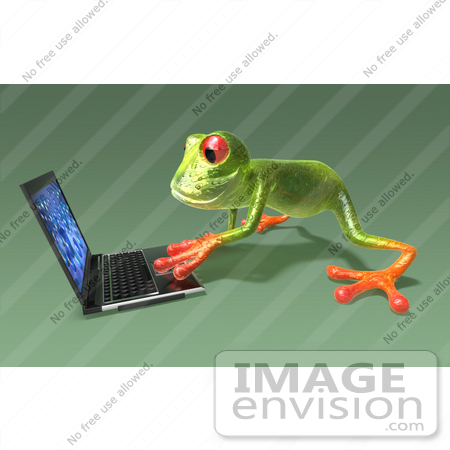 #43659 Royalty-Free (RF) Cartoon Illustration of a 3d Green Tree Frog Character Using A Laptop - Pose 5 by Julos