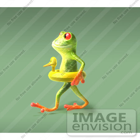 #43672 Royalty-Free (RF) Cartoon Illustration of a 3d Green Tree Frog Character Wearing A Ducky Inner Tube - Pose 6 by Julos