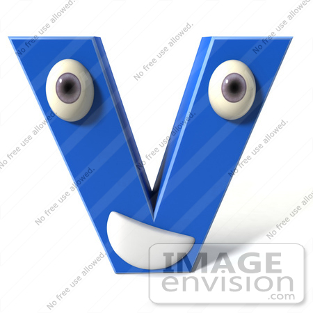 #43695 Royalty-Free (RF) Illustration of a 3d Blue Alphabet Letter V Character With Eyes And A Mouth by Julos