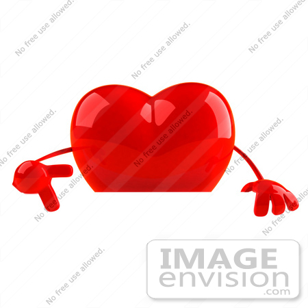 #43764 Royalty-Free (RF) Illustration of a Romantic 3d Red Love Heart Mascot Pointing Down At And Standing Behind A Blank Sign by Julos