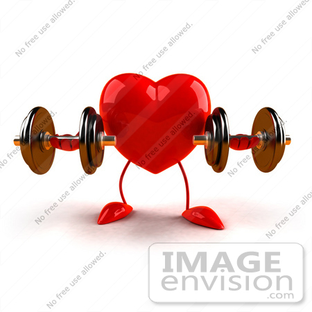 #43780 Royalty-Free (RF) Illustration of a Romantic 3d Red Love Heart Mascot Strength Training With Dumbbells - Version 1 by Julos