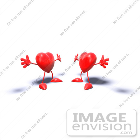 #43787 Royalty-Free (RF) Illustration of Two 3d Red Love Heart Characters Holding Their Arms Open For A Hug - Version 1 by Julos