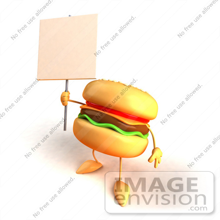 #43808 Royalty-Free (RF) Illustration of a 3d Cheeseburger Mascot Holding Up A Sign On A Post - Version 4 by Julos