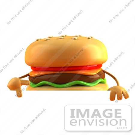 #43812 Royalty-Free (RF) Illustration of a 3d Cheeseburger Mascot Gesturing Peace And Standing Behind A Blank Sign by Julos