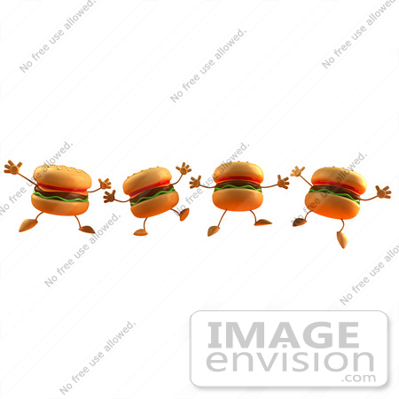 #43816 Royalty-Free (RF) Illustration of a Row Of Jumping 3d Cheeseburger Characters - Version 1 by Julos