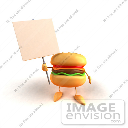#43820 Royalty-Free (RF) Illustration of a 3d Cheeseburger Mascot Holding Up A Sign On A Post - Version 3 by Julos