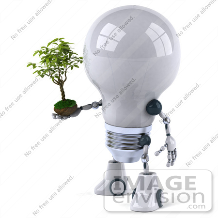 #43838 Royalty-Free (RF) Illustration of a 3d Robotic Incandescent  Light Bulb Mascot Holding A Plant - Version 2 by Julos