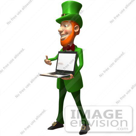 #43845 Royalty-Free (RF) Illustration of a Friendly 3d Leprechaun Man Mascot Holding A Laptop - Version 3 by Julos