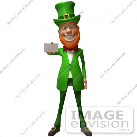 #43847 Royalty-Free (RF) Illustration of a Friendly 3d Leprechaun Man Mascot Holding Out A Blank Business Card - Version 2 by Julos