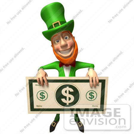#43848 Royalty-Free (RF) Illustration of a Friendly 3d Leprechaun Man Mascot Holding A Large Dollar Bill - Version 4 by Julos