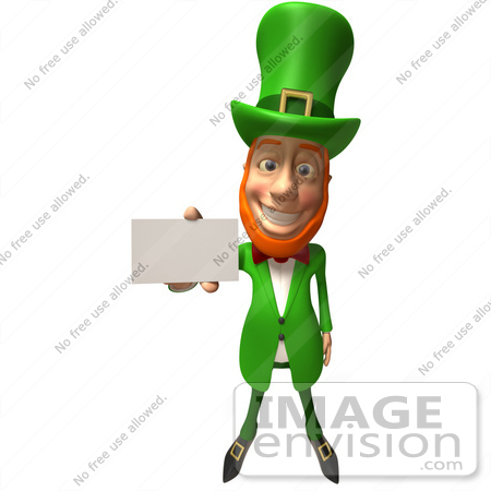 #43858 Royalty-Free (RF) Illustration of a Friendly 3d Leprechaun Man Mascot Holding Out A Blank Business Card - Version 1 by Julos