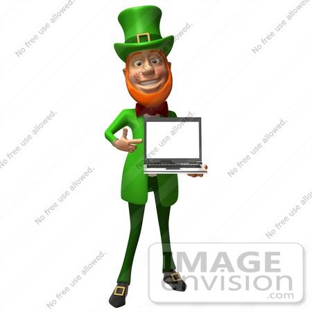 #43864 Royalty-Free (RF) Illustration of a Friendly 3d Leprechaun Man Mascot Holding A Laptop - Version 4 by Julos