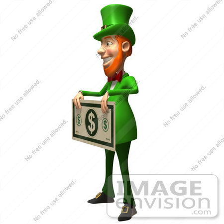 #43866 Royalty-Free (RF) Illustration of a Friendly 3d Leprechaun Man Mascot Holding A Large Dollar Bill - Version 1 by Julos