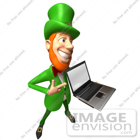 #43867 Royalty-Free (RF) Illustration of a Friendly 3d Leprechaun Man Mascot Holding A Laptop - Version 1 by Julos