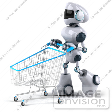 #43890 Royalty-Free (RF) Illustration of a 3d Robot Mascot Pushing A Shopping Cart - Version 3 by Julos