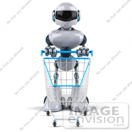 #43899 Royalty-Free (RF) Illustration of a 3d Robot Mascot Pushing A Shopping Cart - Version 1 by Julos