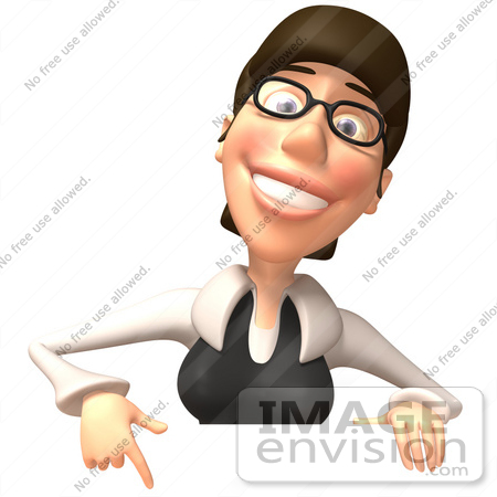 #43919 Royalty-Free (RF) Illustration of a 3d White Businesswoman Mascot Pointing Down And Standing Behind A Blank Sign - Version 1 by Julos