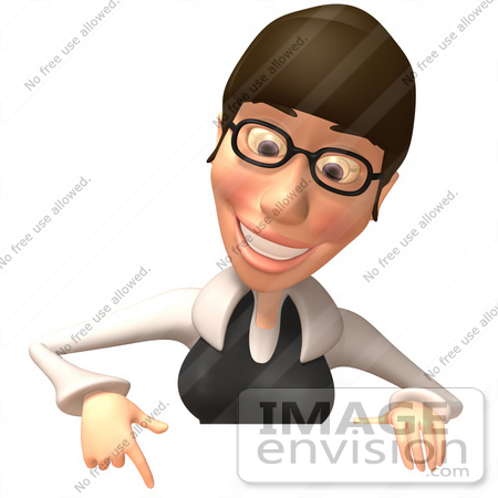 #43936 Royalty-Free (RF) Illustration of a 3d White Businesswoman Mascot Pointing Down And Standing Behind A Blank Sign - Version 2 by Julos