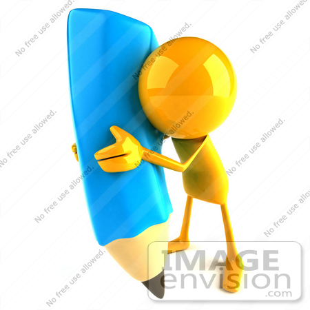 #43974 Royalty-Free (RF) Illustration of a 3d Orange Man Mascot With A Giant Blue Pencil - Version 5 by Julos