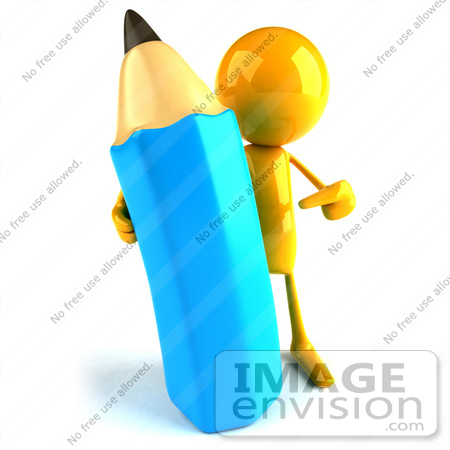 #43976 Royalty-Free (RF) Illustration of a 3d Orange Man Mascot With A Giant Blue Pencil - Version 2 by Julos