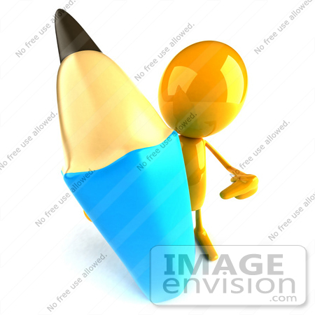 #43981 Royalty-Free (RF) Illustration of a 3d Orange Man Mascot With A Giant Blue Pencil - Version 3 by Julos
