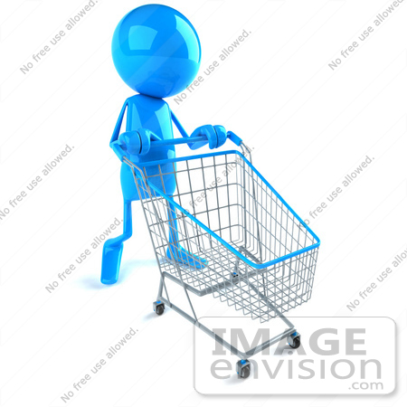 #44016 Royalty-Free (RF) Illustration of a 3d Blue Man Mascot Pushing A Shopping Cart - Version 2 by Julos