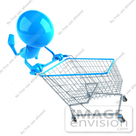 #44017 Royalty-Free (RF) Illustration of a 3d Blue Man Mascot Pushing A Shopping Cart - Version 4 by Julos