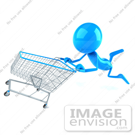 #44025 Royalty-Free (RF) Illustration of a 3d Blue Man Mascot Pushing A Shopping Cart - Version 5 by Julos