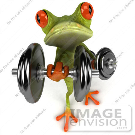 #44193 Royalty-Free (RF) Illustration of a 3d Red Eyed Tree Frog Mascot Lifting Weights - Pose 6 by Julos