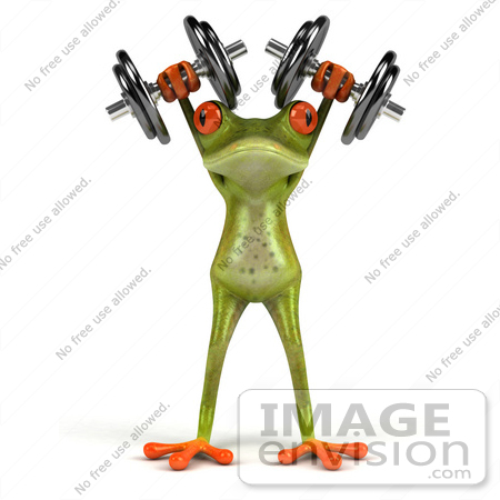 #44202 Royalty-Free (RF) Illustration of a 3d Red Eyed Tree Frog Mascot Holding up Weights by Julos