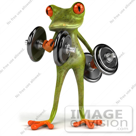 #44209 Royalty-Free (RF) Illustration of a 3d Red Eyed Tree Frog Mascot Lifting Weights - Pose 3 by Julos