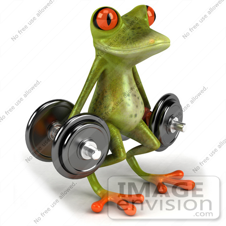 #44214 Royalty-Free (RF) Illustration of a 3d Red Eyed Tree Frog Mascot Lifting Weights - Pose 2 by Julos