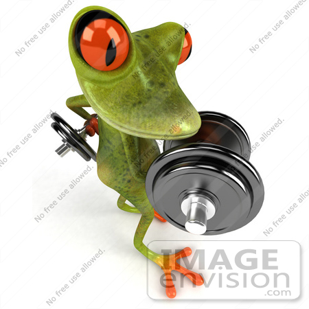 #44222 Royalty-Free (RF) Illustration of a 3d Red Eyed Tree Frog Mascot Lifting Weights - Pose 5 by Julos