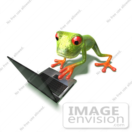 #44240 Royalty-Free (RF) Illustration of a Cute Green 3d Frog Using A Laptop - Pose 3 by Julos