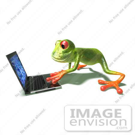 #44245 Royalty-Free (RF) Illustration of a Cute Green 3d Frog Using A Laptop - Pose 2 by Julos