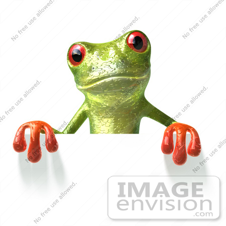 #44250 Royalty-Free (RF) Illustration of a Cute Green 3d Frog Standing Behind And Holding Up A Blank Sign by Julos