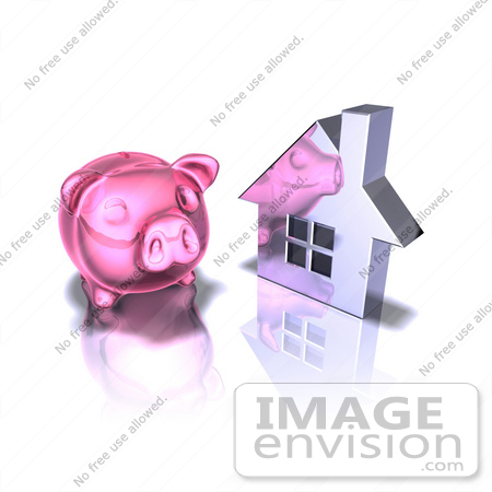 #44277 Royalty-Free (RF) Illustration of a 3d Pink Piggy Bank By A Silver House - Pose 3 by Julos