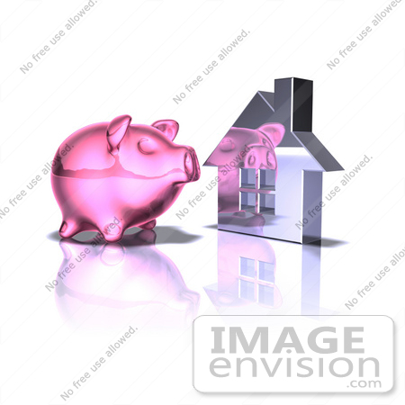 #44286 Royalty-Free (RF) Illustration of a 3d Pink Piggy Bank By A Silver House - Pose 5 by Julos