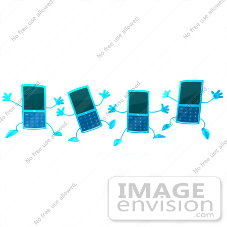 #44298 Royalty-Free (RF) Illustration of Four 3d Slim Turquoise Cellphone Mascots Jumping by Julos