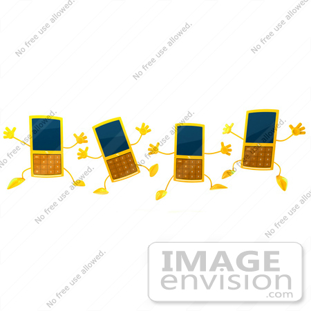 #44305 Royalty-Free (RF) Illustration of Four 3d Slim Yellow Cellphone Mascots Jumping by Julos